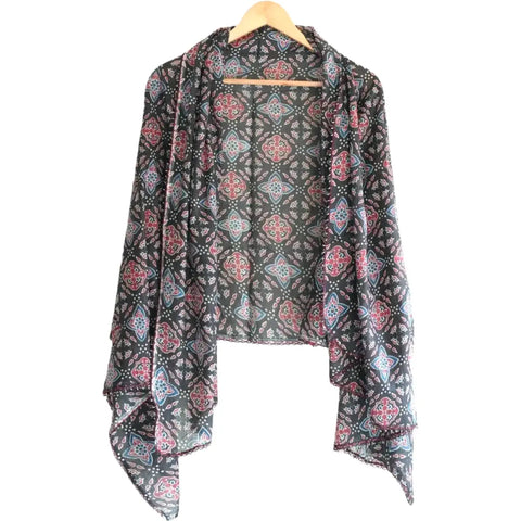 Traditional Ajrakh Print Cotton Stole, Colour 8, Mandala Pattern with Tassels