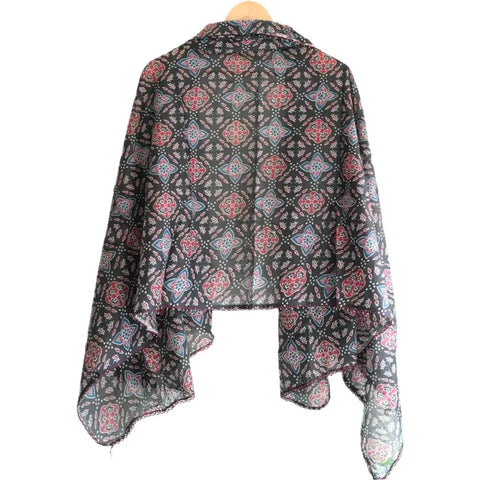 Traditional Ajrakh Print Cotton Stole, Colour 8, Mandala Pattern with Tassels