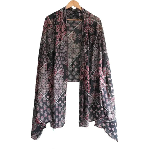 Traditional Ajrakh Print Cotton Stole, Colour 9, Mandala Pattern with Tassels