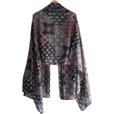 Traditional Ajrakh Print Cotton Stole, Colour 9, Mandala Pattern with Tassels