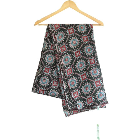 Traditional Ajrakh Print Cotton Stole, Colour 11, Mandala Pattern with Tassels