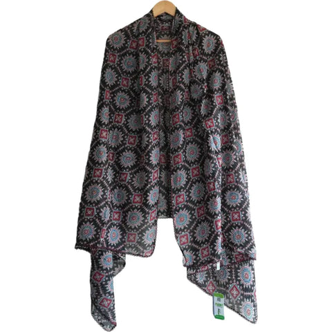 Traditional Ajrakh Print Cotton Stole, Colour 11, Mandala Pattern with Tassels