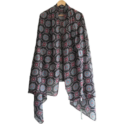 Traditional Ajrakh Print Cotton Stole, Colour 11, Mandala Pattern with Tassels