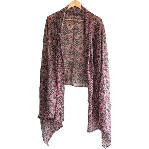 Traditional Ajrakh Print Cotton Stole, Colour 12, Mandala Pattern with Tassels