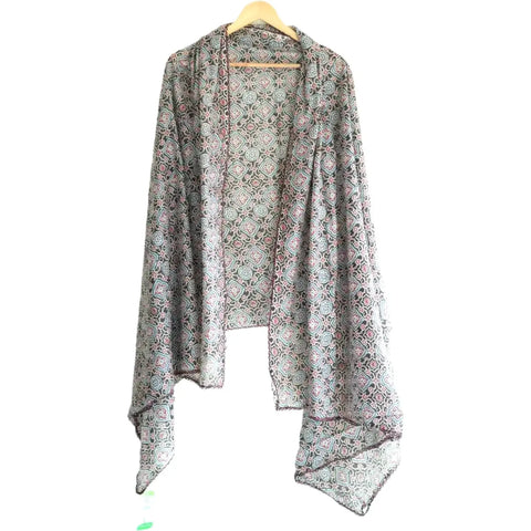 Traditional Ajrakh Print Cotton Stole, Colour 13, Mandala Pattern with Tassels