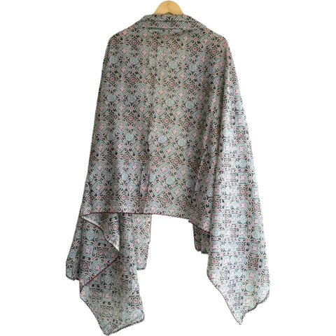 Traditional Ajrakh Print Cotton Stole, Colour 13, Mandala Pattern with Tassels