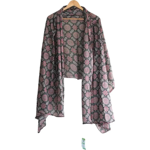 Traditional Ajrakh Print Cotton Stole, Colour 14, Mandala Pattern with Tassels