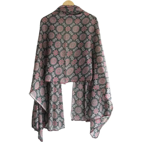 Traditional Ajrakh Print Cotton Stole, Colour 14, Mandala Pattern with Tassels