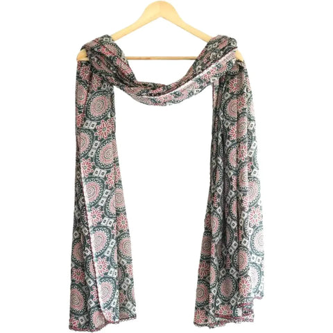 Traditional Ajrakh Print Cotton Stole, Colour 14, Mandala Pattern with Tassels