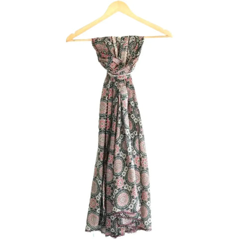 Traditional Ajrakh Print Cotton Stole, Colour 14, Mandala Pattern with Tassels