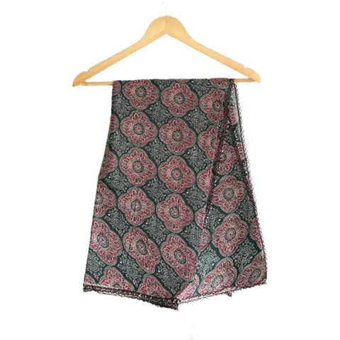Traditional Ajrakh Print Cotton Stole, Colour 15, Mandala Pattern with Tassels