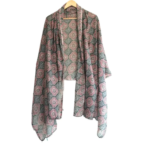 Traditional Ajrakh Print Cotton Stole, Colour 15, Mandala Pattern with Tassels