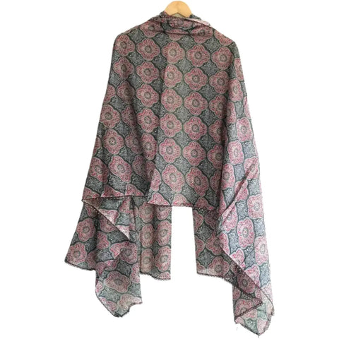 Traditional Ajrakh Print Cotton Stole, Colour 15, Mandala Pattern with Tassels