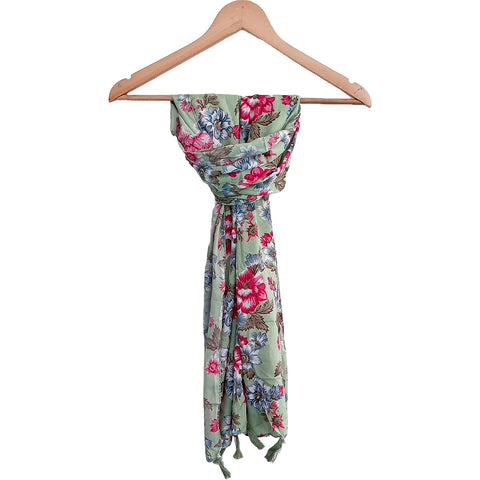 India Scarves Women's Designer Green floral Design Scarf - All Seasons, Stylish & Comfortable Size L 170 Cm X W 70 Cm
