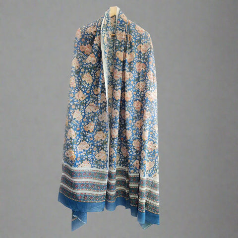 Baagru Hand Block Lotus Floral Printed Cotton Mulmul Blue Color Dupatta 115X225 Cm