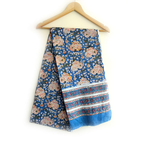 Baagru Hand Block Lotus Floral Printed Cotton Mulmul Blue Color Dupatta 115X225 Cm