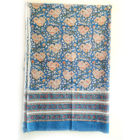 Baagru Hand Block Lotus Floral Printed Cotton Mulmul Blue Color Dupatta 115X225 Cm