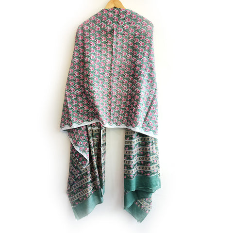 Baagru Hand Block Printed Cotton Mulmul Green Dupatta 115X225 Cm