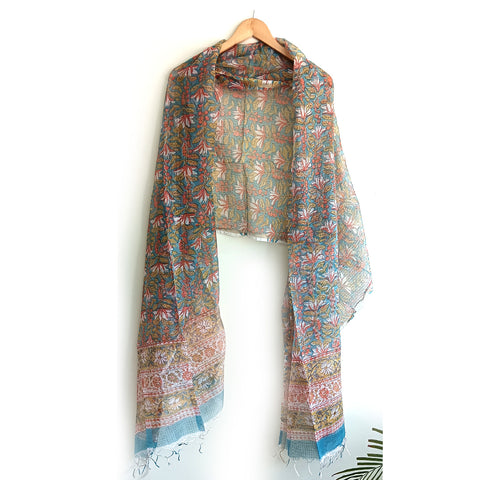 India Scarves Kota Doria Cotton Silk  Blue and Red Floral Dupatta