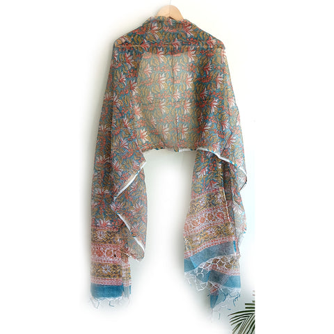 India Scarves Kota Doria Cotton Silk  Blue and Red Floral Dupatta