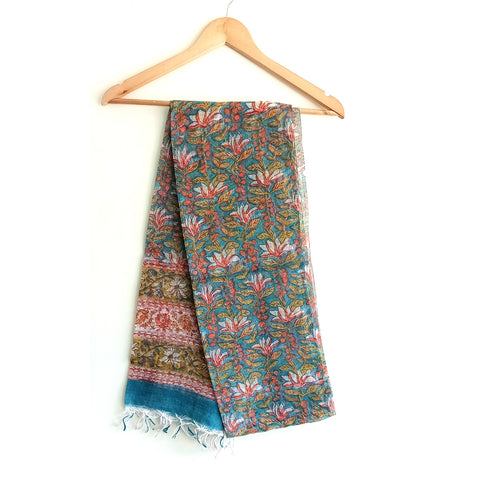 India Scarves Kota Doria Cotton Silk  Blue and Red Floral Dupatta