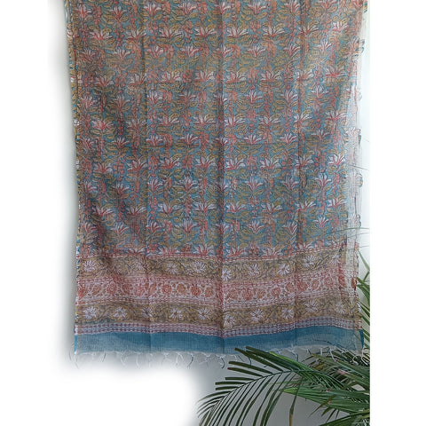 India Scarves Kota Doria Cotton Silk  Blue and Red Floral Dupatta