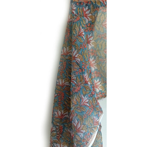 India Scarves Kota Doria Cotton Silk  Blue and Red Floral Dupatta