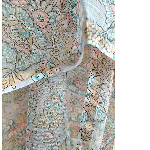 India Scarves Bagru Hand Block Floral Kota Doria Cotton Silk Cement Grey and Pink Floral Dupatta