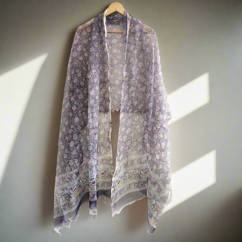 India Scarves Bagru Hand Block Floral Kota Doria Cotton Silk Purple Color Floral Dupatta