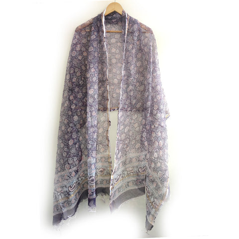 India Scarves Bagru Hand Block Floral Kota Doria Cotton Silk Purple Color Floral Dupatta