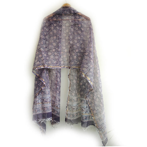 India Scarves Bagru Hand Block Floral Kota Doria Cotton Silk Purple Color Floral Dupatta