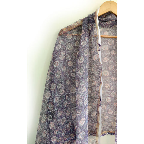 India Scarves Bagru Hand Block Floral Kota Doria Cotton Silk Purple Color Floral Dupatta