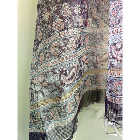 India Scarves Bagru Hand Block Floral Kota Doria Cotton Silk Purple Color Floral Dupatta