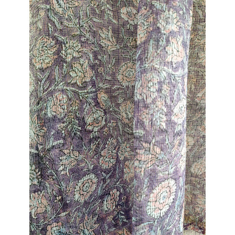 India Scarves Bagru Hand Block Floral Kota Doria Cotton Silk Purple Color Floral Dupatta