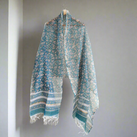 India Scarves Bagru Hand Block Floral Kota Doria Cotton Silk Teal Blue Color Floral Dupatta