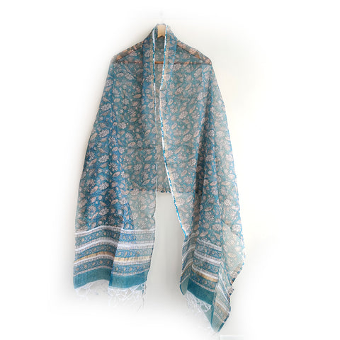India Scarves Bagru Hand Block Floral Kota Doria Cotton Silk Teal Blue Color Floral Dupatta