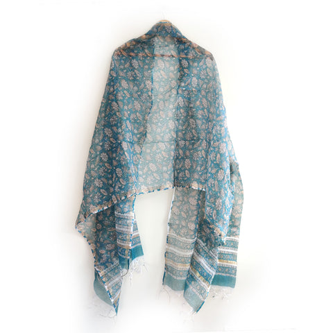 India Scarves Bagru Hand Block Floral Kota Doria Cotton Silk Teal Blue Color Floral Dupatta