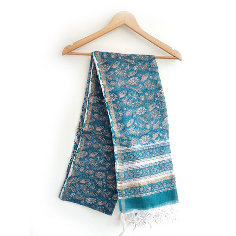 India Scarves Bagru Hand Block Floral Kota Doria Cotton Silk Teal Blue Color Floral Dupatta