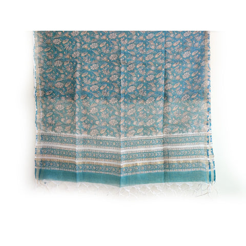 India Scarves Bagru Hand Block Floral Kota Doria Cotton Silk Teal Blue Color Floral Dupatta