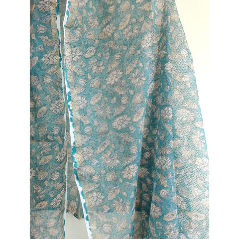 India Scarves Bagru Hand Block Floral Kota Doria Cotton Silk Teal Blue Color Floral Dupatta