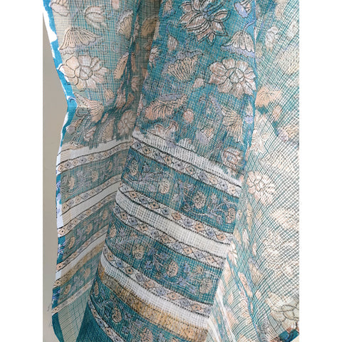 India Scarves Bagru Hand Block Floral Kota Doria Cotton Silk Teal Blue Color Floral Dupatta