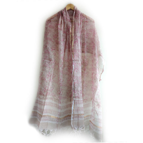 India Scarves Bagru Hand Block Floral Kota Doria Cotton Silk Teal Soft Pink Color Floral Dupatta