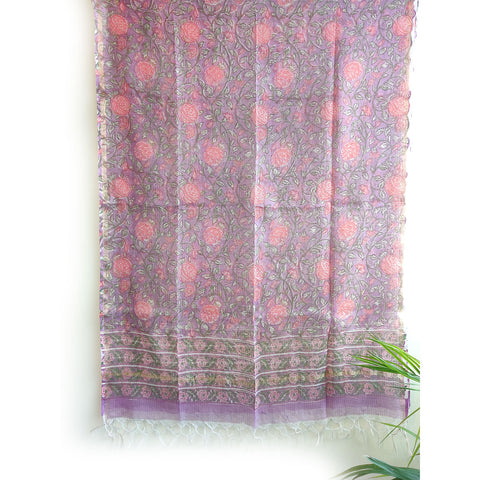 India Scarves Bagru Hand Block Floral Kota Doria Cotton Silk Purple Color Floral Dupatta