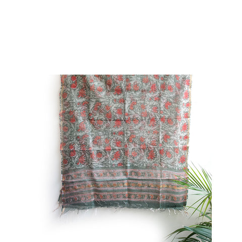 India Scarves Bagru Hand Block Floral Kota Doria Cotton Silk Red and Green Color Floral Dupatta