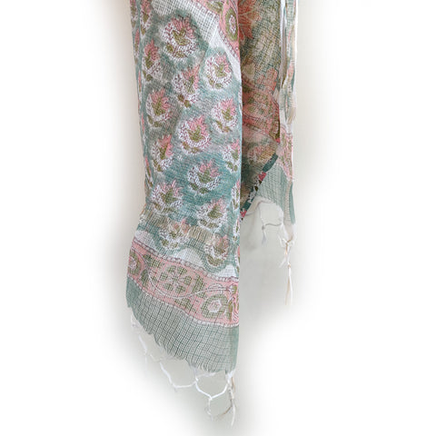 India Scarves Bagru Hand Block Floral Kota Doria Cotton Silk Green and Pink Color Floral Dupatta