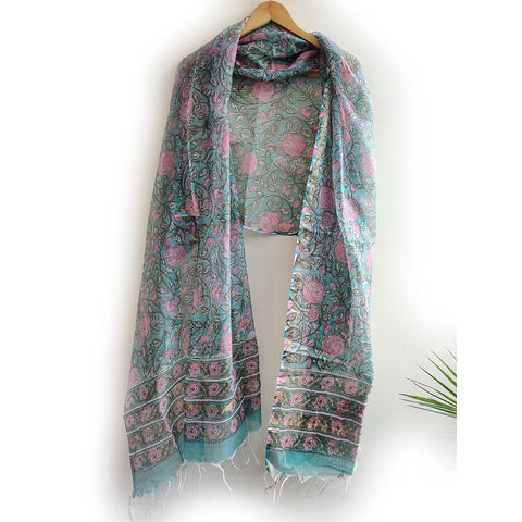 India Scarves Bagru Hand Block Floral Kota Doria Cotton Silk Teal Blue and Pink Color Floral Dupatta