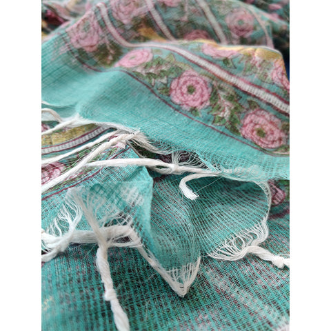 India Scarves Bagru Hand Block Floral Kota Doria Cotton Silk Teal Blue and Pink Color Floral Dupatta