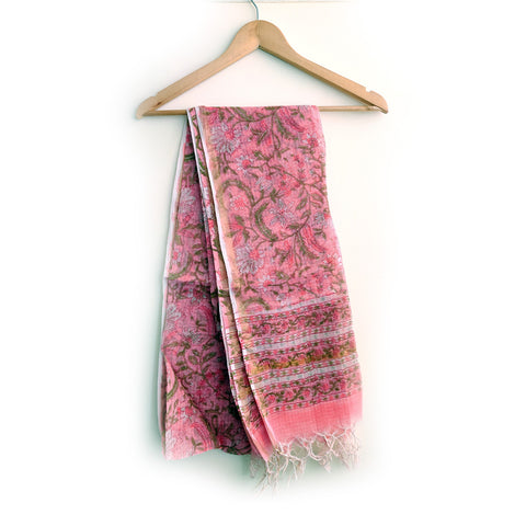 India Scarves Bagru Hand Block Floral Kota Doria Cotton Silk Teal Dark Pink Color Floral Dupatta