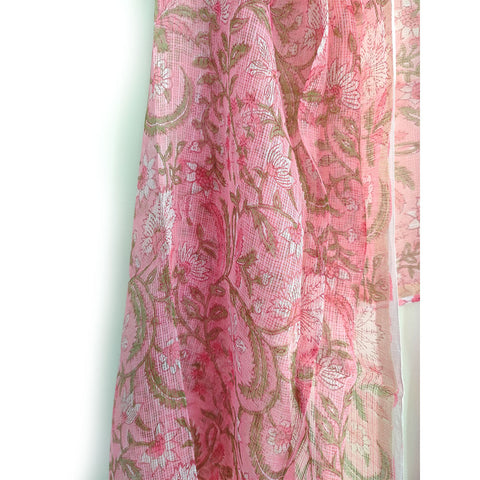 India Scarves Bagru Hand Block Floral Kota Doria Cotton Silk Teal Dark Pink Color Floral Dupatta