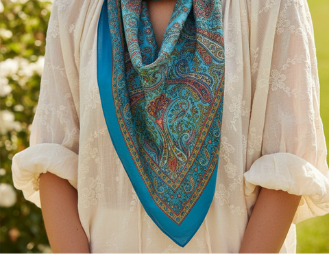 Blue patterned cotton fabric on a white background